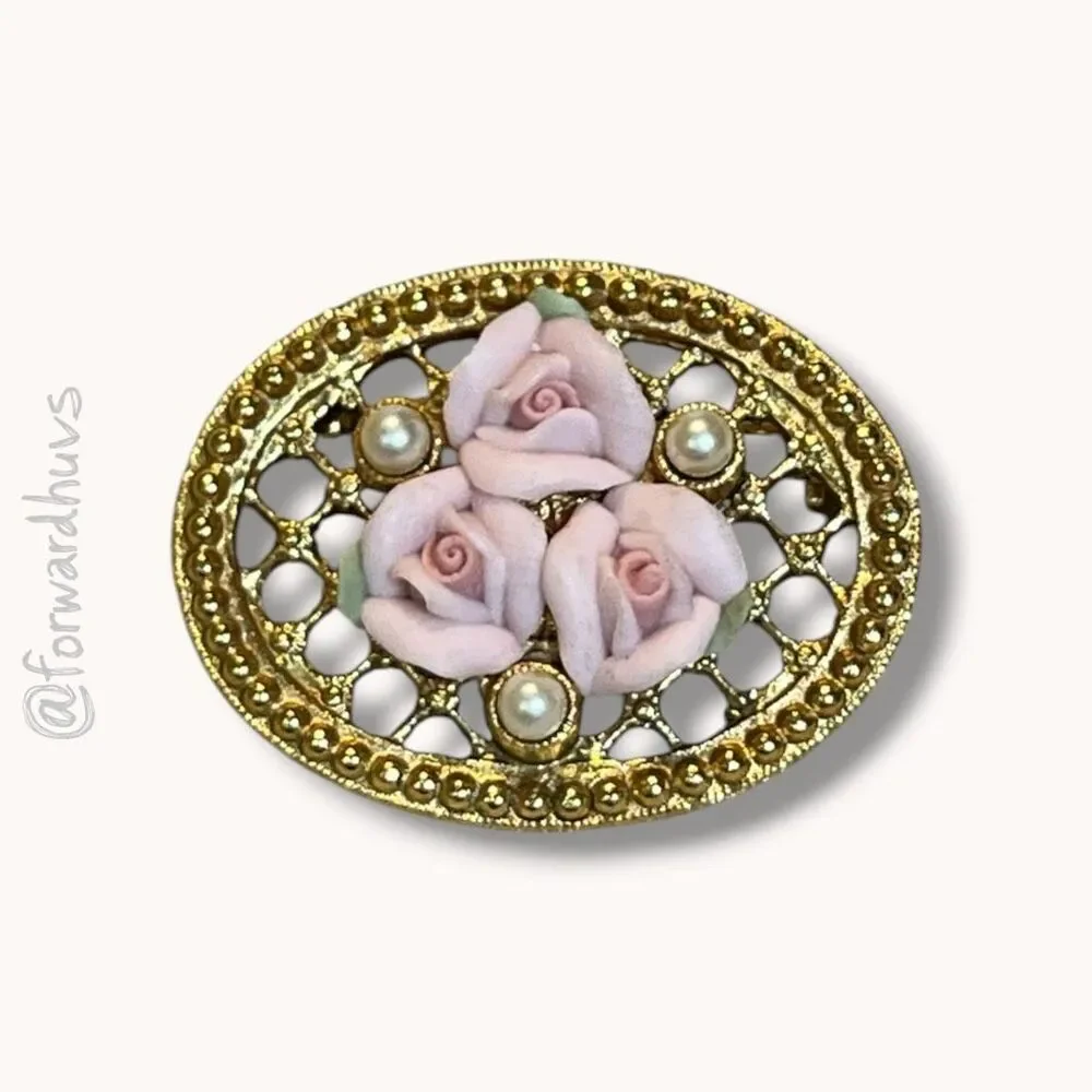 1928 Jewelry Pink Porcelain Rose Faux Pearl Filigree Brooch Gold Tone